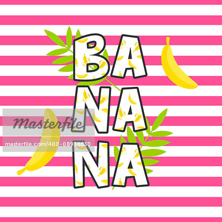Banana tshirt design vector print. Tee design on striped background.