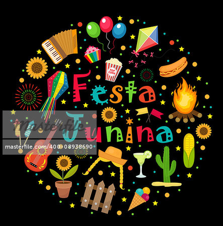 Festa Junina set of icons in a round shape. Brazilian Latin American festival collection of design elements with traditional symbols. Vector illustration