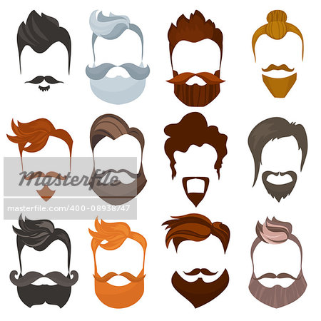 Set of men cartoon hairstyles with beards and mustache. Collection of fashionable stylish types lumbersexual or hipsters silhouette isolated on white background. Cartoon flat style vector illustration