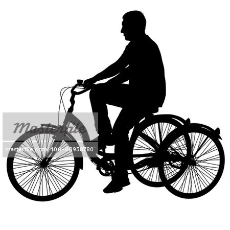 Silhouette of a tricycle male on white background.
