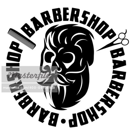 Vector monochrome illustration with bearded skull for barbershop.