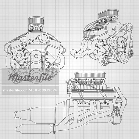 A set of several types of powerful car engine. The engine is drawn with black lines on a white sheet in a cage.