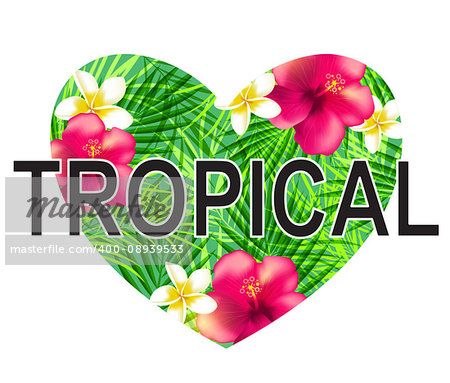 Green heart of tropical palm leaves and red flowers on a white background