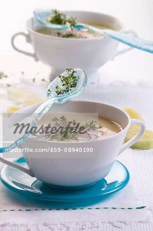 Cream of leek soup with cress and radishes