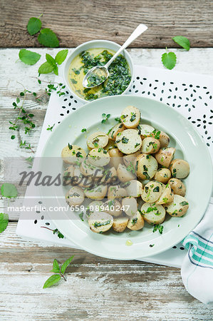 Jersey royal potato salad with a herb oil dressing