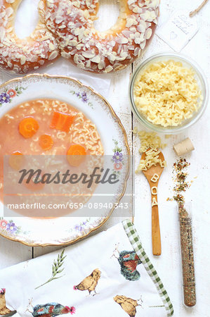 Sieved tomato soup with alphabet pasta
