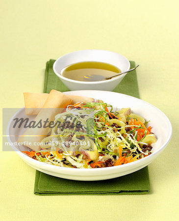Mixed vegetable salad with lentils and spring rolls