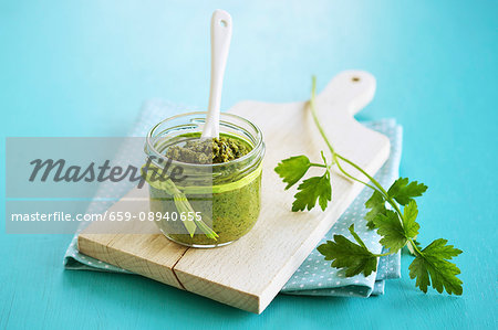 A jar of parsley pesto