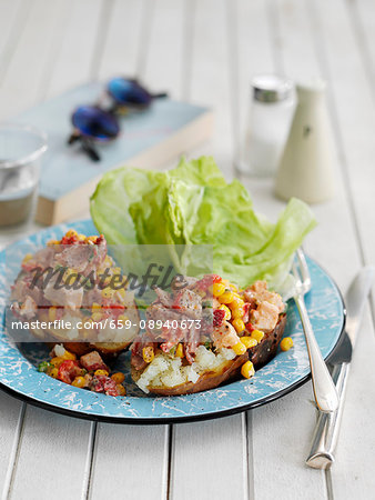 Jacket potatoes filled with chicken, bacon and sweetcorn