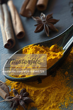 Turmeric on a spoon, star anise and cinnamon sticks