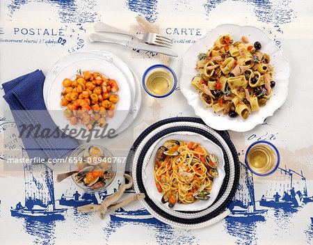 Three different fish and seafood dishes Three different fish and seafood dishes