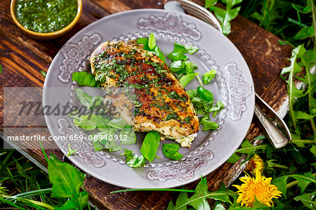 Grilled chicken breast fillet with a herb pesto Grilled chicken breast fillet with a herb pesto