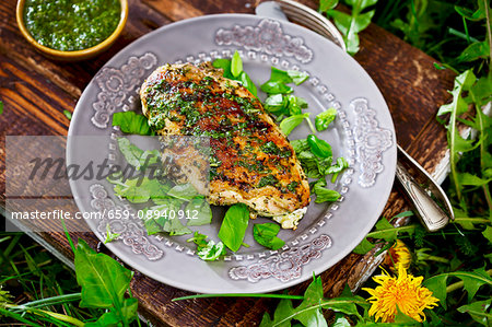 Grilled chicken breast fillet with a herb pesto