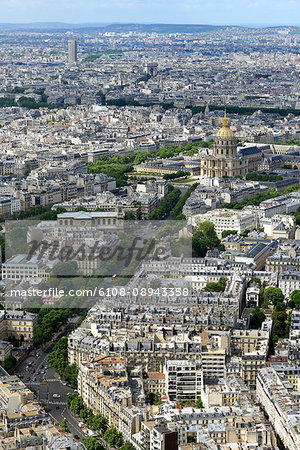 France, Paris, Les Invalides and its golden dome. Boulevard des Invalides at its feet. Triumphal Arch in the background