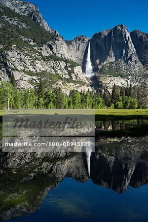 Yosemite Falls reflected in Merced River in Yosemite National Park in California, USA