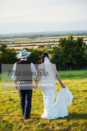 Rear view of bride and groom walking hand in hand across a grassy slope, with a view over the landscape.