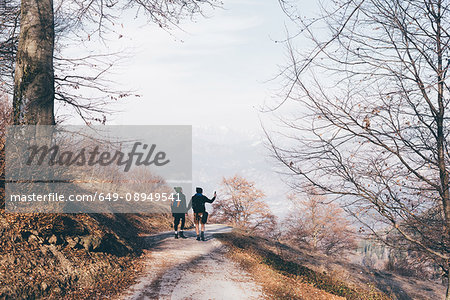 Rear view of hiking couple hiking along rural road, Monte San Primo, Italy