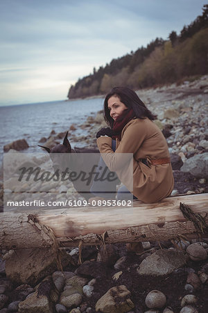 Woman with dog relaxing on driftwood against cloudy sky at beach