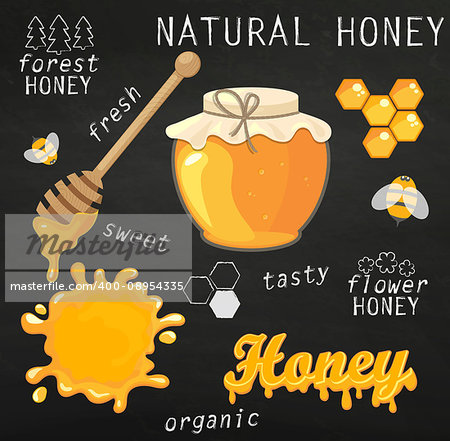 Vector illustration set of jars with honey, honeycomb, lettering and bees. Natural healthy food production. Blackboard background.