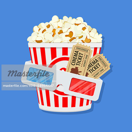 Cinema and Movie time concept with flat icons popcorn, 3D glasses and tickets, isolated vector illustration