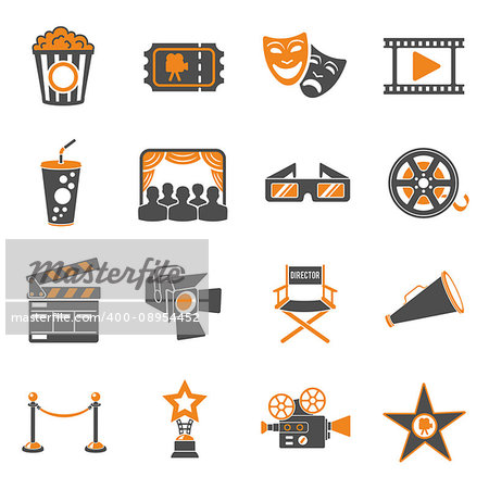Cinema and Movie two color Icons Set with popcorn, award, clapperboard, tickets and 3D glasses. Isolated vector illustration