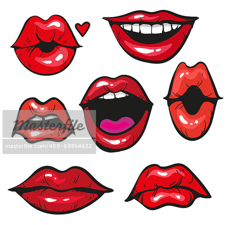 Woman's lip gestures set. Girl mouths close up with red lipstick makeup expressing different emotions. EPS10 vector.