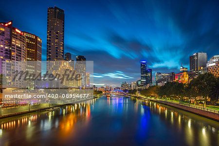 Cityscape image of Melbourne, Australia during twilight blue hour.