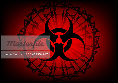 biohazard symbol and  barbed wire on red background