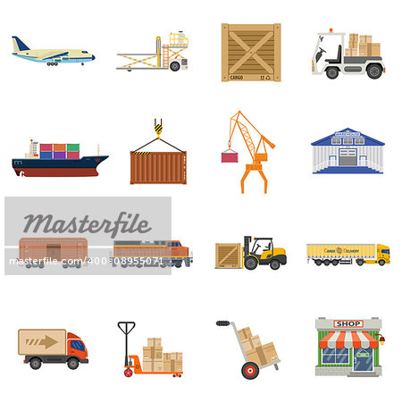 Cargo Transport, Packaging, shipping, delivery and logistics flat Icons Set with Truck, air cargo, Train, Shipping. isolated vector illustration