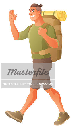 Smiling backpacker hiking and waving hand. Cartoon vector illustration isolated on white background.