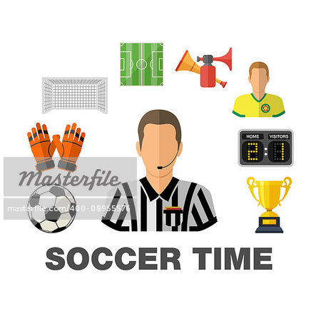 Soccer and Football concept with flat icons Referee, Ball, stadium and Trophy, isolated vector illustration