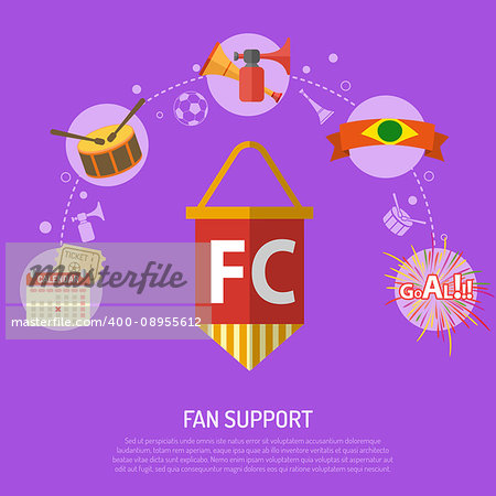 Soccer fan support concept with flat icons ticket, goal, pennant and drum, isolated vector illustration