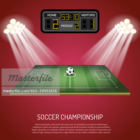 Soccer stadium with flat icons scoreboard, spotlight, ball and goal, vector illustration