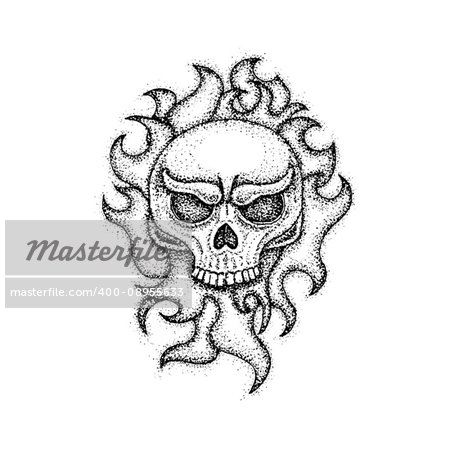 Dotwork Human Skull with Fire. Vector Illustration of Boho Style T-shirt Design. Hipster Tattoo Hand Drawn Sketch.