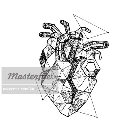 Dotwork Polygonal Broken Heart. Vector Illustration of Hipster Style T-shirt Design. Love Tattoo Hand Drawn Sketch.