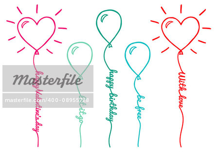 Balloons with text line, set of hand drawn vector design elements