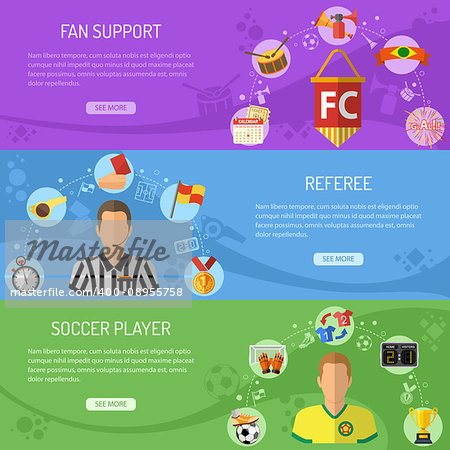 Soccer horizontal banners set with flat icons referee, championship, player and trophy. vector illustration