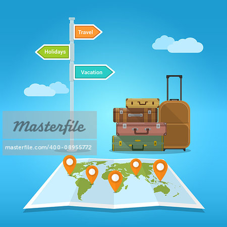 Picture of of suitcases stack with world map and road sign. Vacation and travel concept.