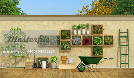 Vertical garden on stone wall,lemon tree ,wheelbarrow and ladder - 3d rendering