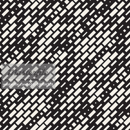 Vector Seamless Black And White Irregular Dash Rectangles Grid Pattern. Trendy Monochrome Texture. Abstract Geometric Background Design