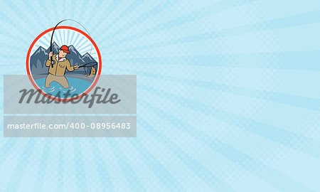Business card showing Illustration of a fly fisherman with fly rod and reel reeling and netting up a trout fish set inside circle with lake, trees and mountain in background done in cartoon style.