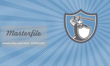 Business card showing Illustration of crusader knight in full armor brandishing a sword set inside shield crest facing front done in retro style.