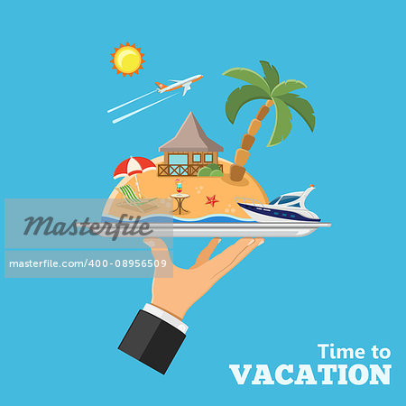 Vacation and Trip concept. hand holding on tray island with bungalows, boat, plane and cocktail. flat style icons, isolated vector illustration