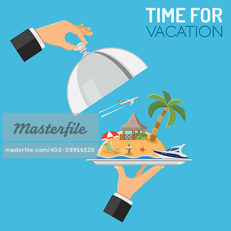 Vacation and Trip concept. hand holding on tray island with bungalows, boat, plane and cocktail. other hand holds cover. flat style icons. isolated vector illustration