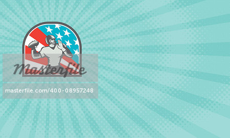 Business card showing Illustration of an american football gridiron quarterback player throwing ball viewed from the side side set inside crest shield with usa stars and stripes flag in background done in retro woodcut style.