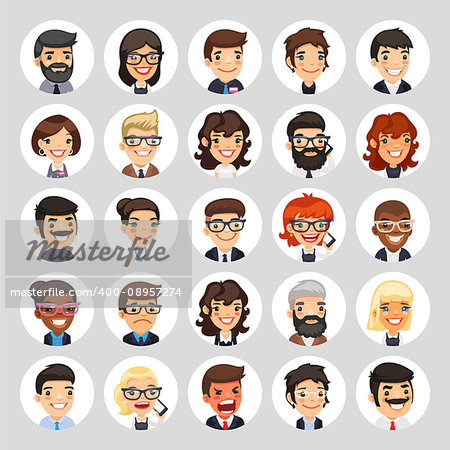 Set of 25 flat business round avatars on white circles. Office people. Clipping paths included.
