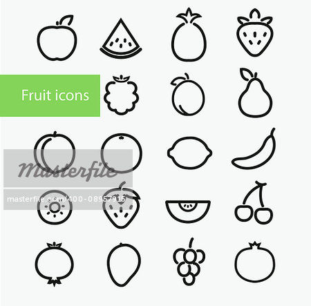Vector illustration. Set Of Outline Stroke Fruit icons: pineapple, apple, watermelon, strawberry, blackberry, plum, pear, peach, orange, lemon, banana, kiwi, melon, cherry, mango, grapes, pomegranate, blueberry and cherries