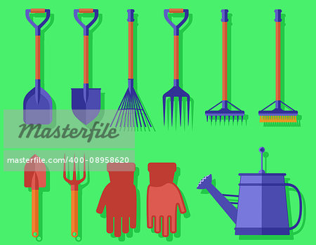 isolated bright colorful garden tools on green background for landscaping or harvesting