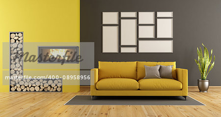 Black and yellow living room with fireplace and modern sofa - 3d rendering