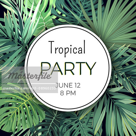 Summer hawaiian party flyer design with green tropical plants and palm leaves, vector illustration